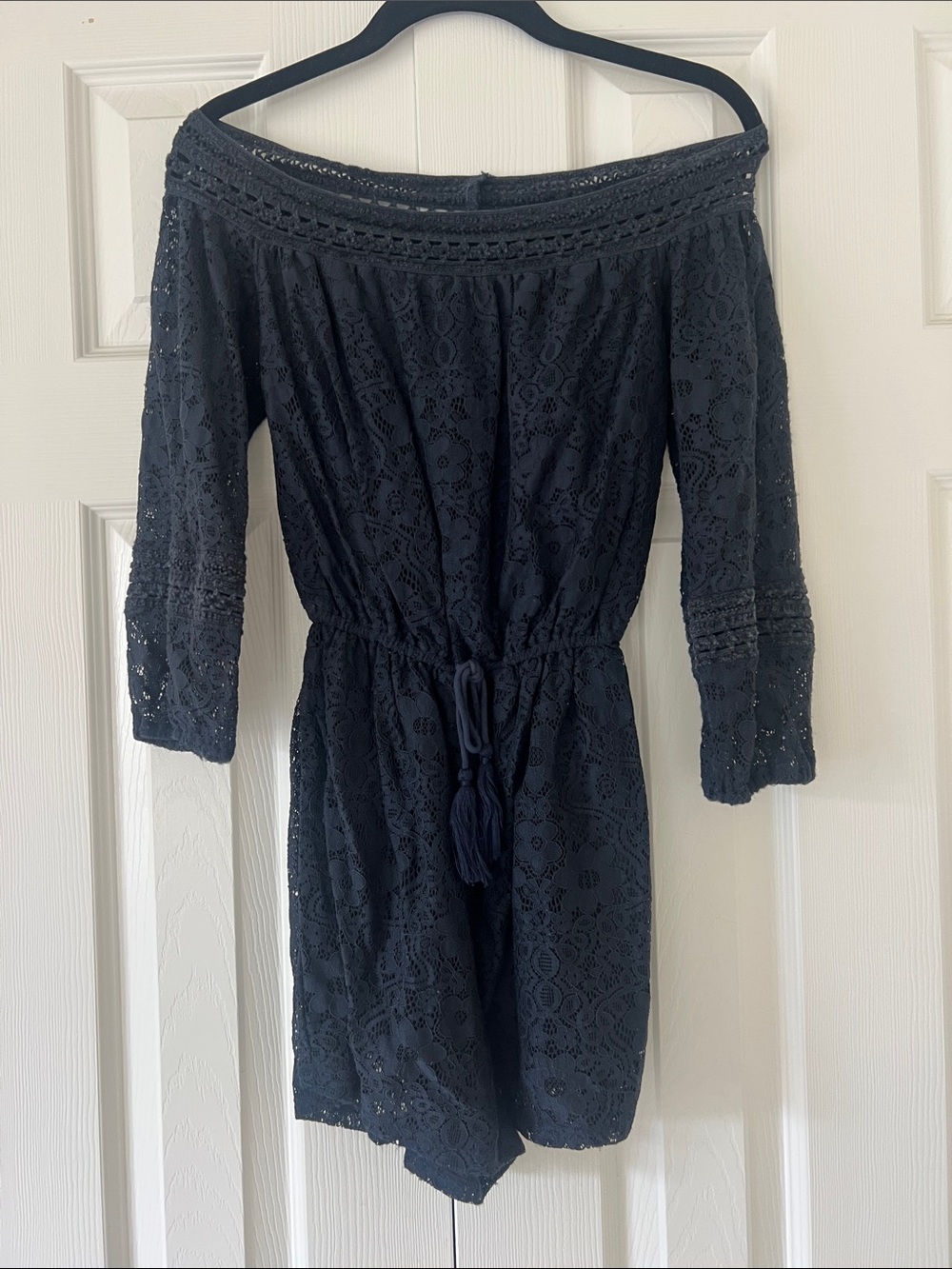 Hollister Navy Off-Shoulder Lace Long-Sleeve Dress with Drawstring